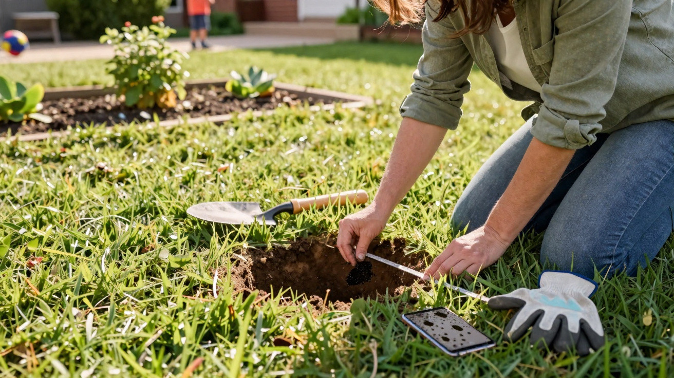 Pessoa plantando semente em buraco no gramado, com luvas e pá próximas, em jardim ensolarado.