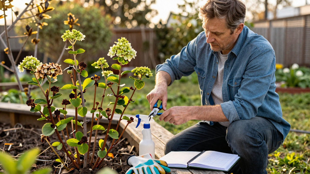 Homem cuidando de plantas em jardim, usando tesoura de poda e com caderno aberto ao lado.