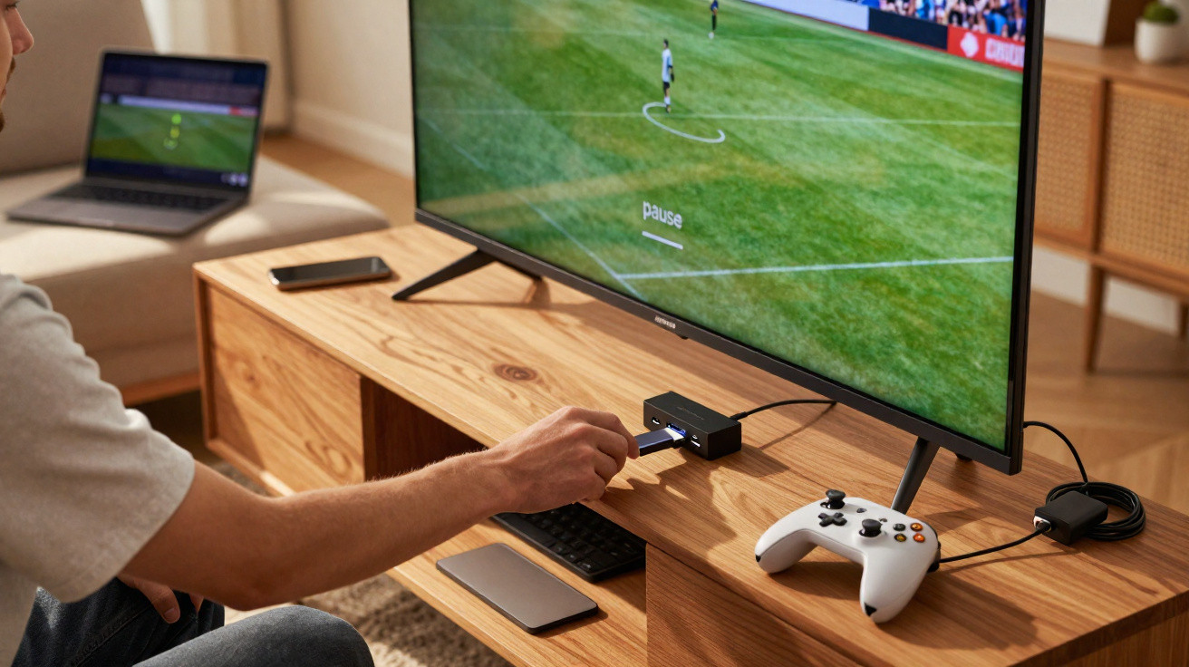 Pessoa inserindo pen drive em console conectado a televisão com jogo de futebol pausado.