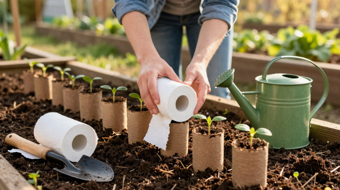 Pessoa plantando mudas em cilindros de papel com regador e pá ao lado em horta comunitária.