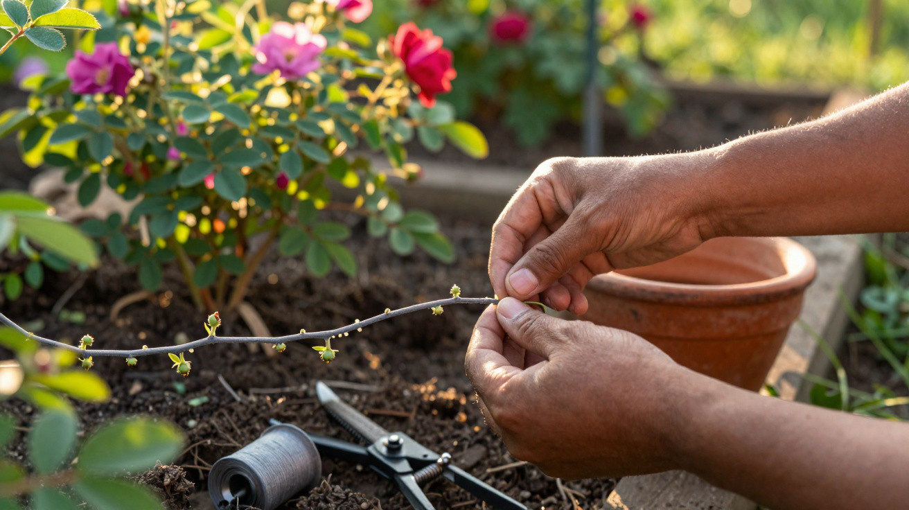 Mãos cuidando de ramo de planta em jardim, com flores coloridas, tesoura e linha ao fundo.