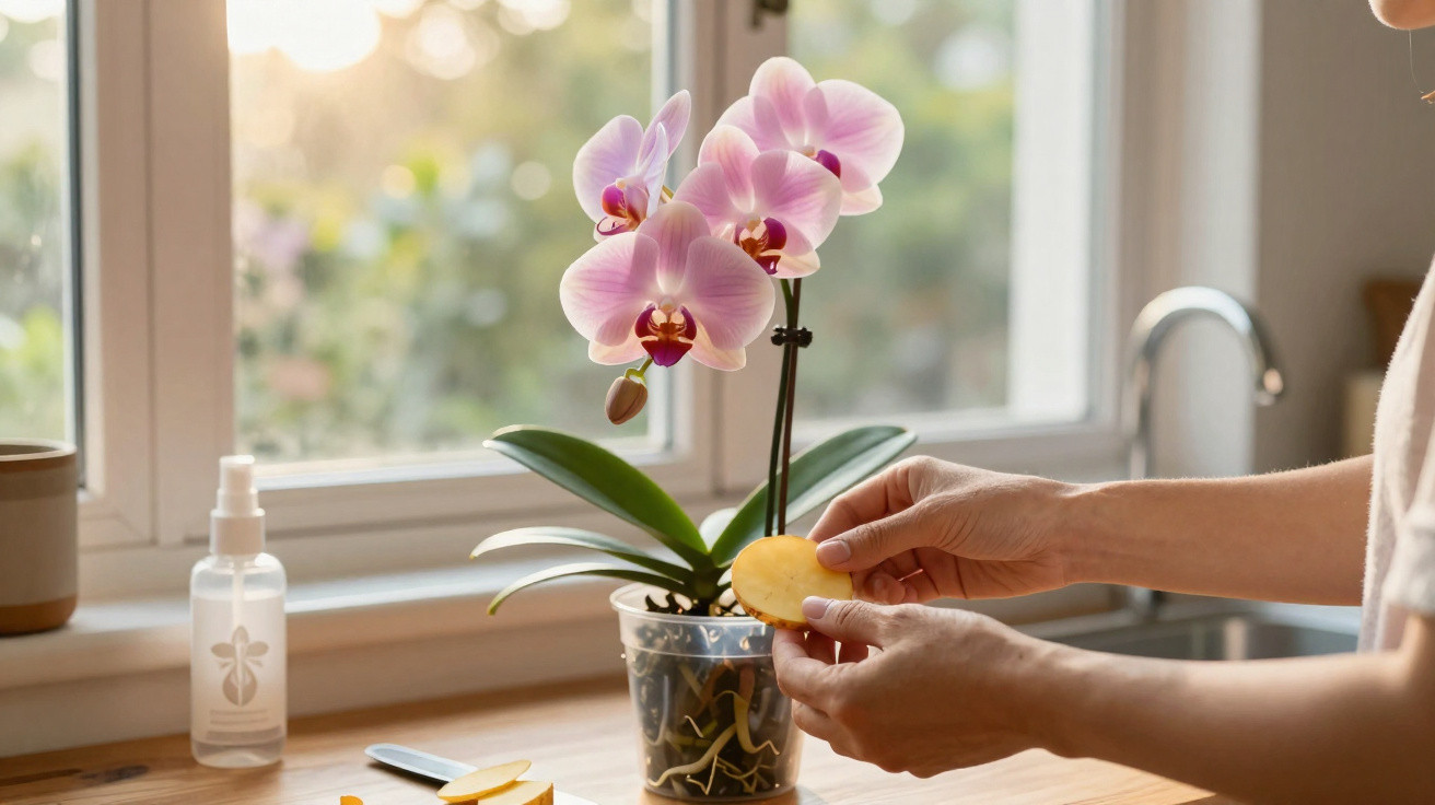Pessoa segurando fatias de batata doce para cuidar orquídea branca com detalhes rosa perto da janela.