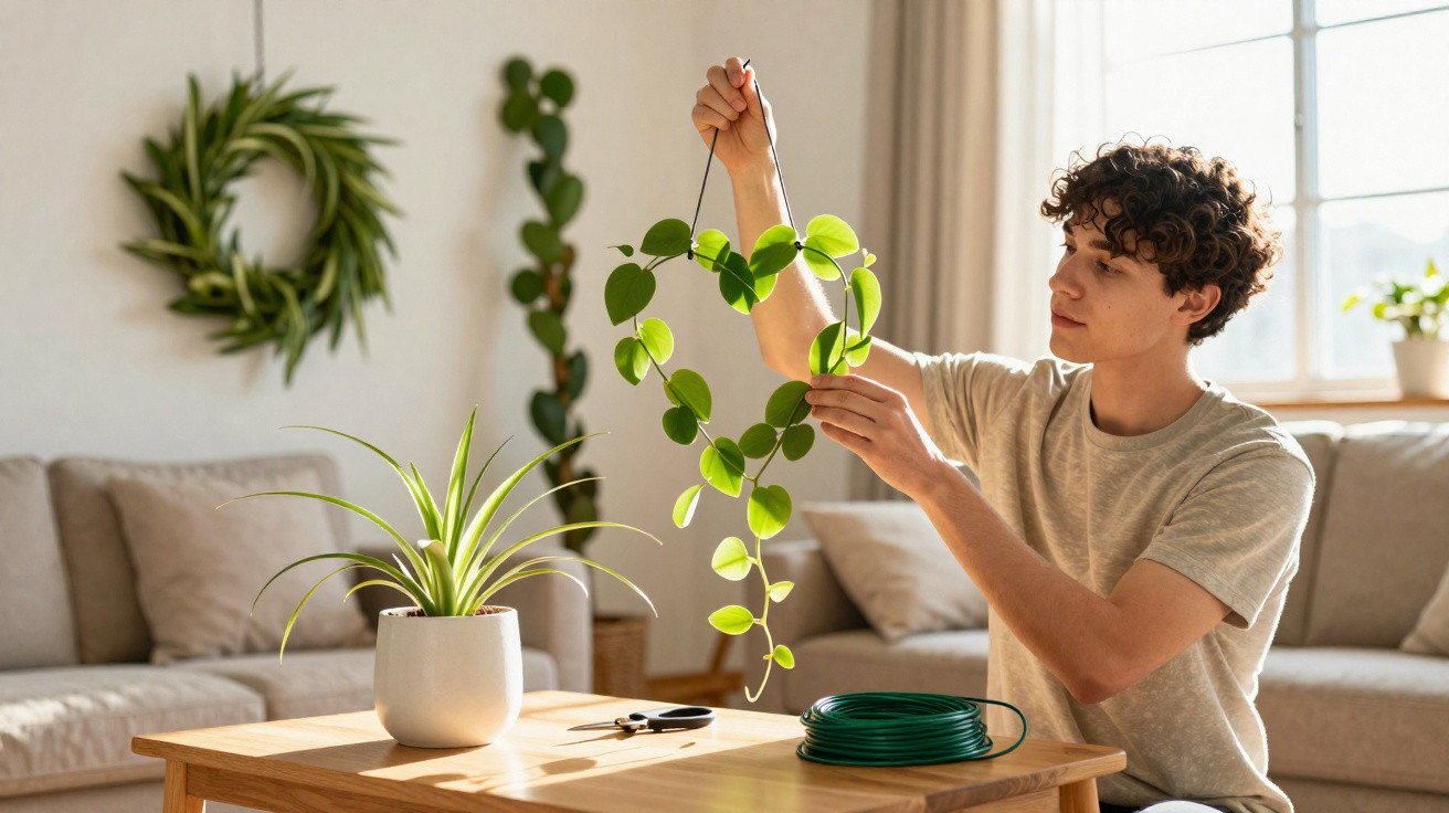 Jovem cuidando de planta pendente em sala de estar iluminada, com móveis e outras plantas ao fundo.