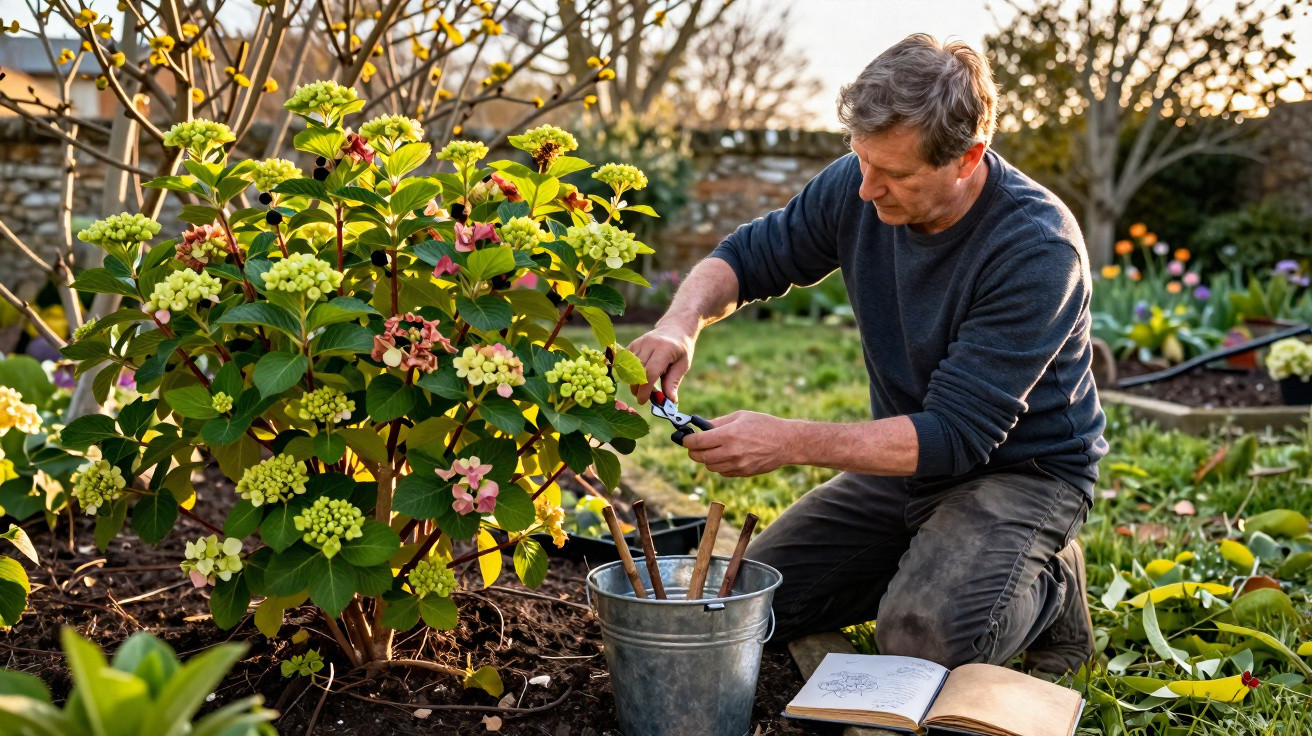 Homem cuidando de plantas e podando arbusto florido em jardim ao entardecer.
