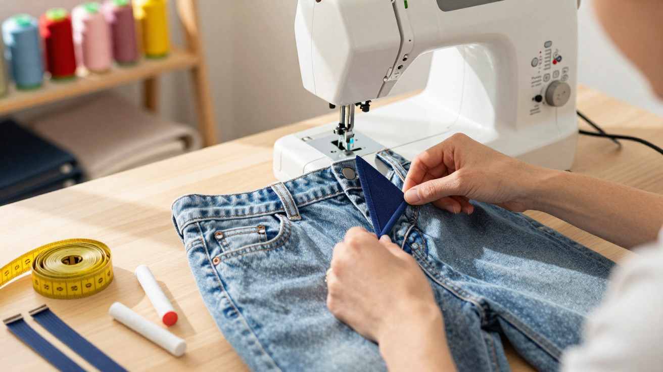Pessoa costurando patch azul em calça jeans com máquina de costura sobre mesa de madeira.