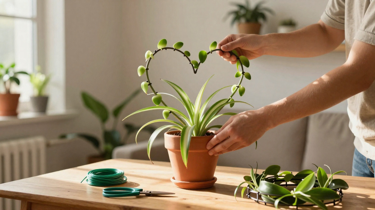 Pessoa cuidando de plantas em vaso, moldando uma trepadeira em formato de coração na sala iluminada.