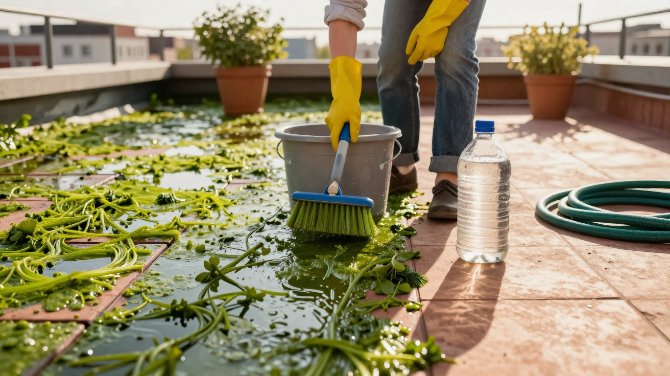 Pessoa com luvas amarelas limpando teto com planta aquática e balde cinza, ao lado de garrafa plástica e mangueira verde.