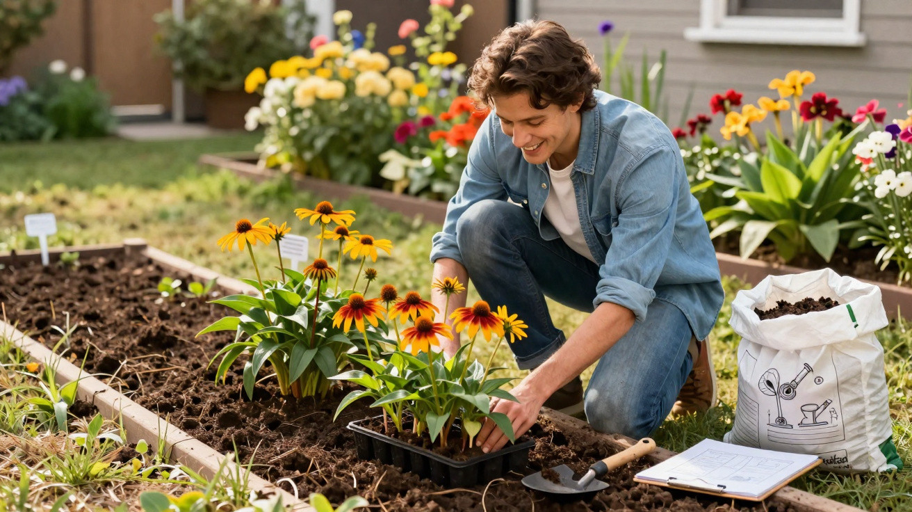 Jovem cuidando de mudas de flores em canteiro de jardim ensolarado com ferramentas e saco de terra ao lado.