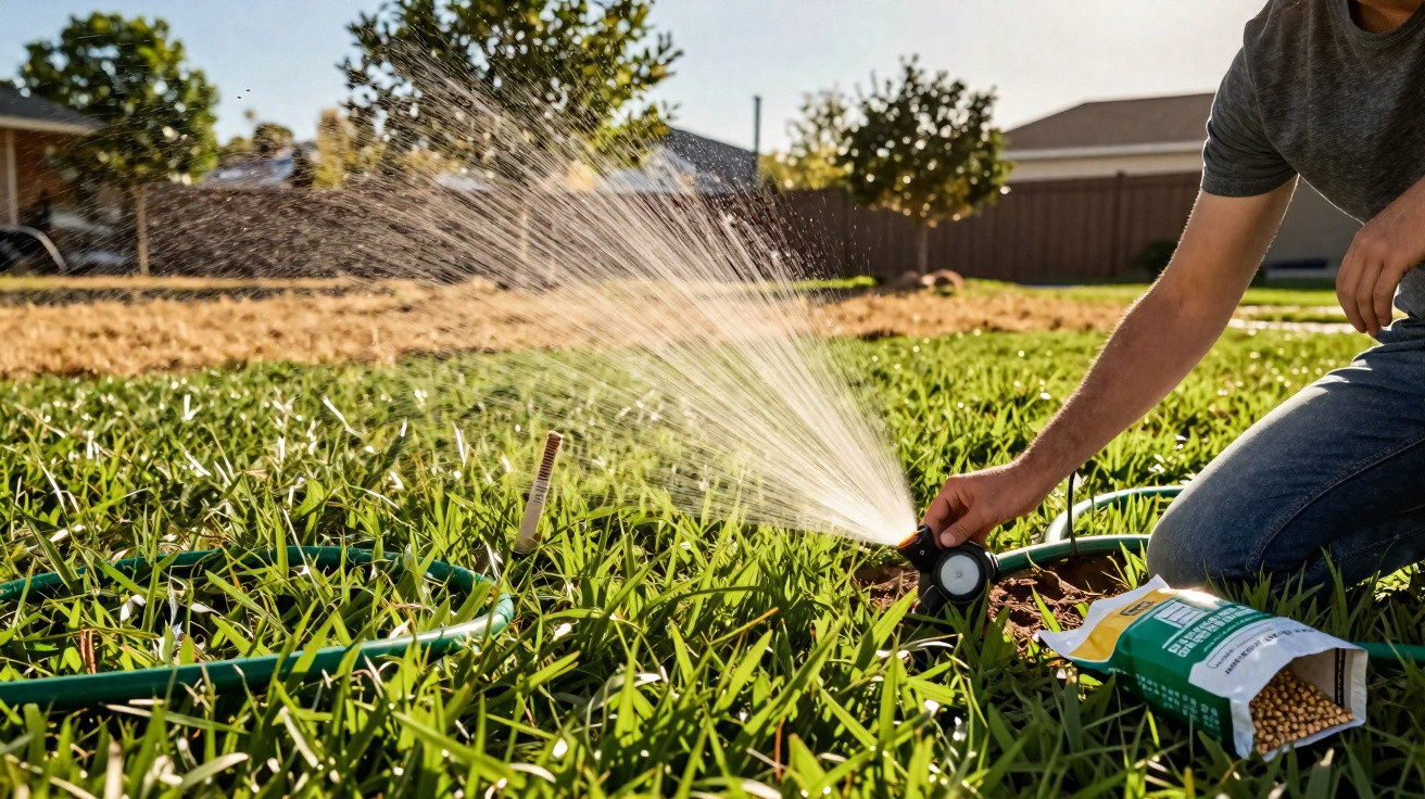 Pessoa ajustando sprinkler de jardim enquanto rega grama verde em dia ensolarado.