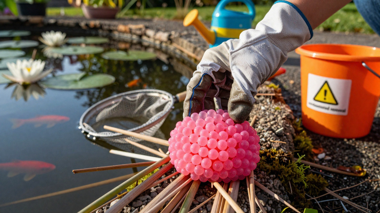 Mão com luva segura esfera rosa sobre pedras ao lado de lagoa com peixes e flor de lótus.
