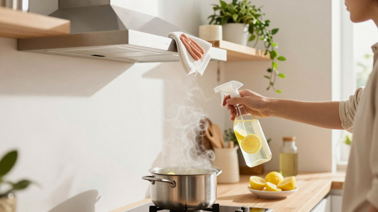 Pessoa fumegando panela e borrifando spray caseiro de limão em cozinha iluminada e moderna.