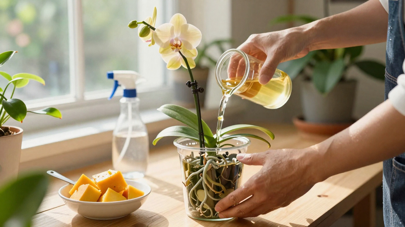 Pessoa regando orquídea branca em vaso transparente perto de janela iluminada com cubos de manga ao lado.