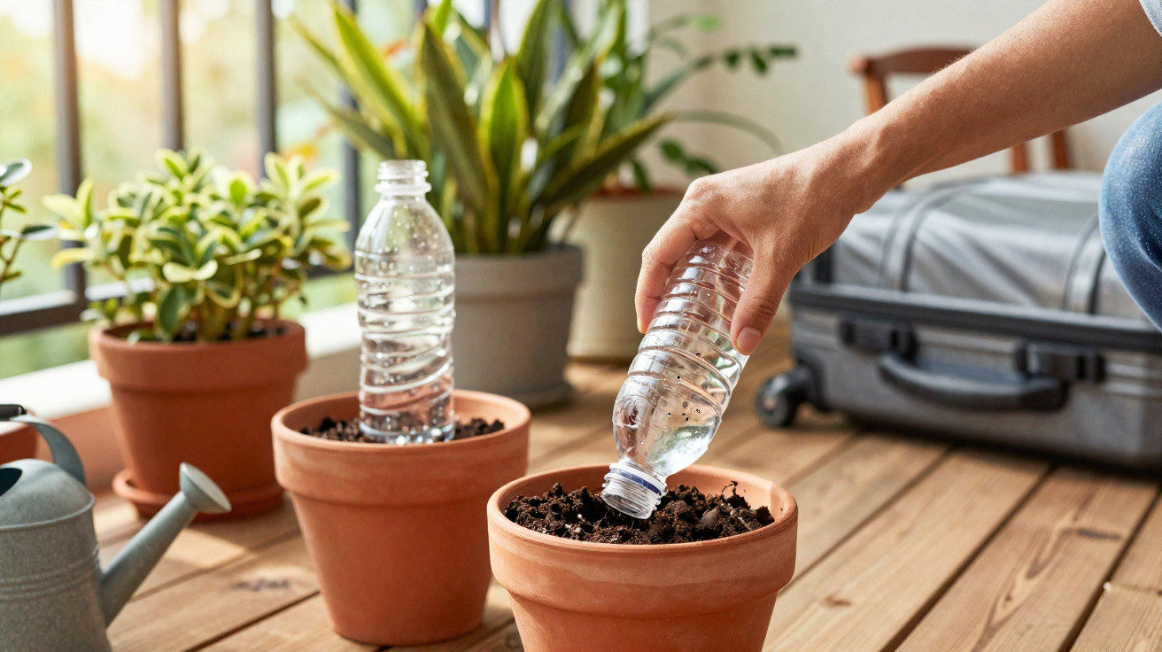 Mão regando terra em vaso de cerâmica com garrafa plástica, plantas em vasos e regador ao fundo.