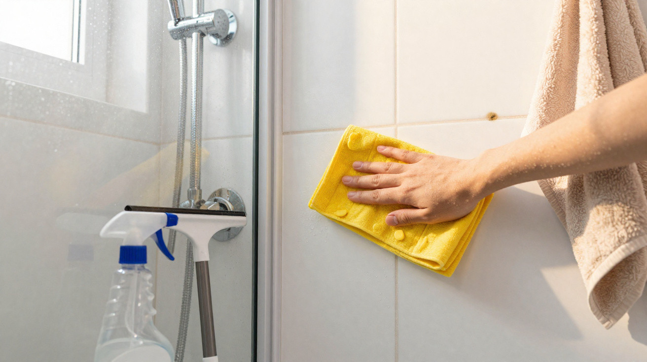 Mão limpando azulejos brancos do banheiro com pano amarelo, perto de janela e produtos de limpeza.