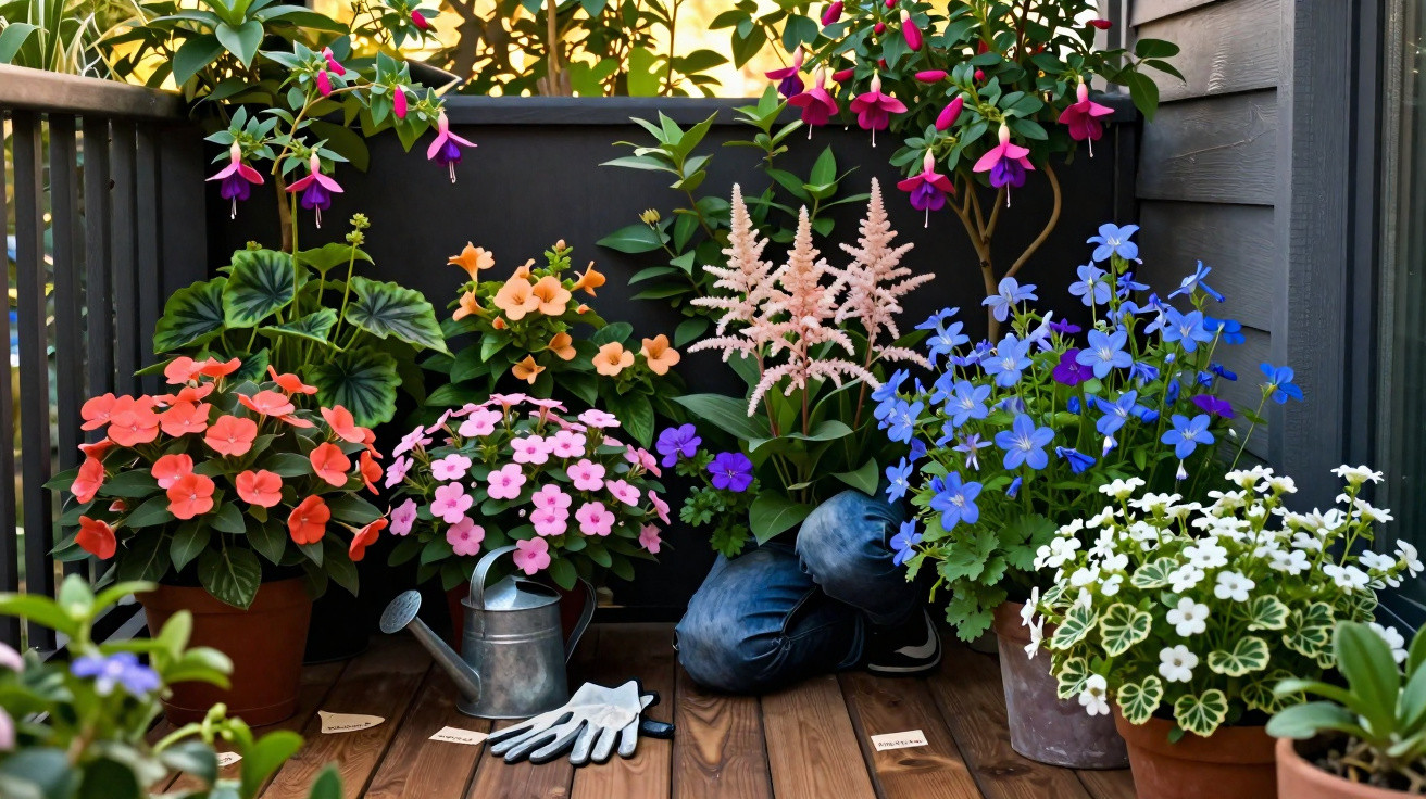 Varanda com várias plantas floridas coloridas em vasos e utensílios de jardinagem sobre piso de madeira.