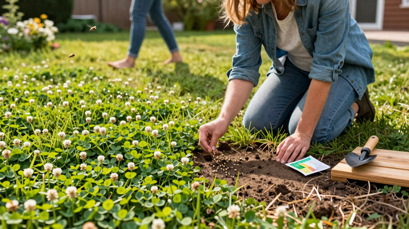Pessoa plantando sementes em jardim com flores e insetos voando em área gramada.