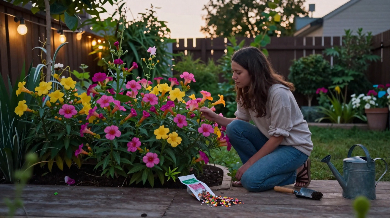 Mulher cuidando de flores coloridas em jardim ao entardecer, com regador e ferramenta ao lado.