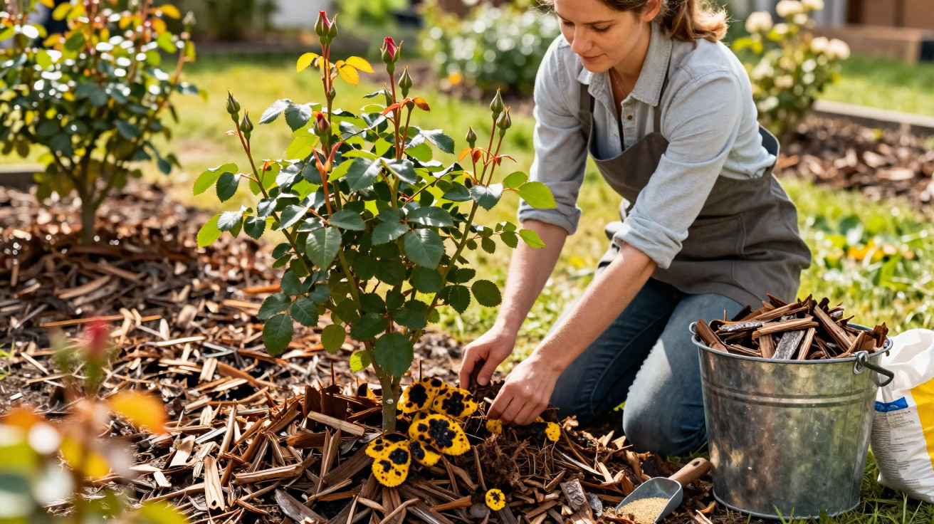 Mulher cuidando de plantas em jardim com cobertura de madeira ao redor das flores, ambiente ensolarado.