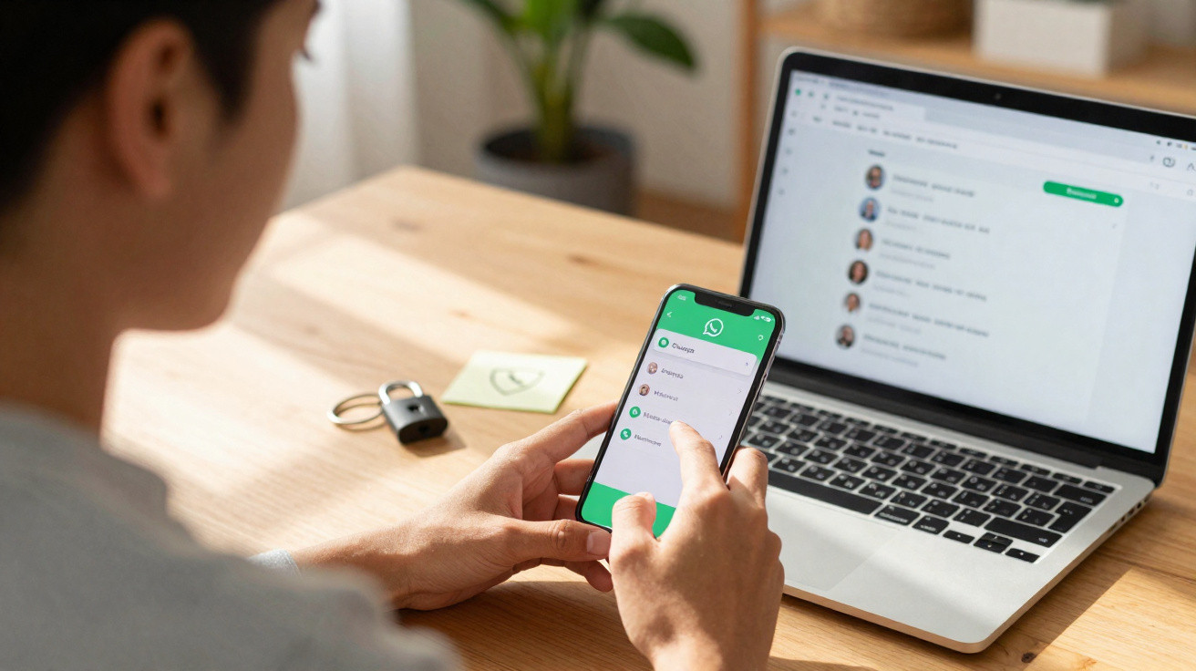 Pessoa usando smartphone com WhatsApp aberto, ao lado de notebook em mesa de madeira clara.