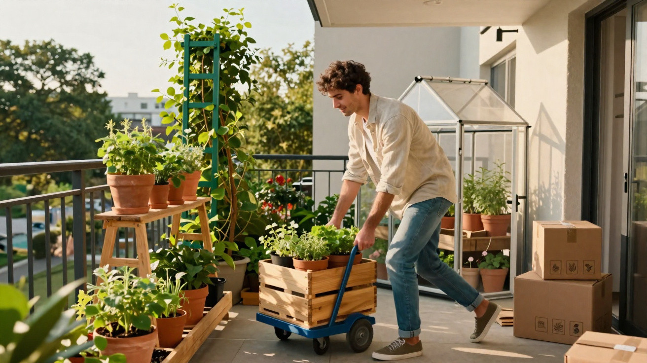 Homem cuidando de plantas em varanda, movendo vaso de madeira com carrinho azul.