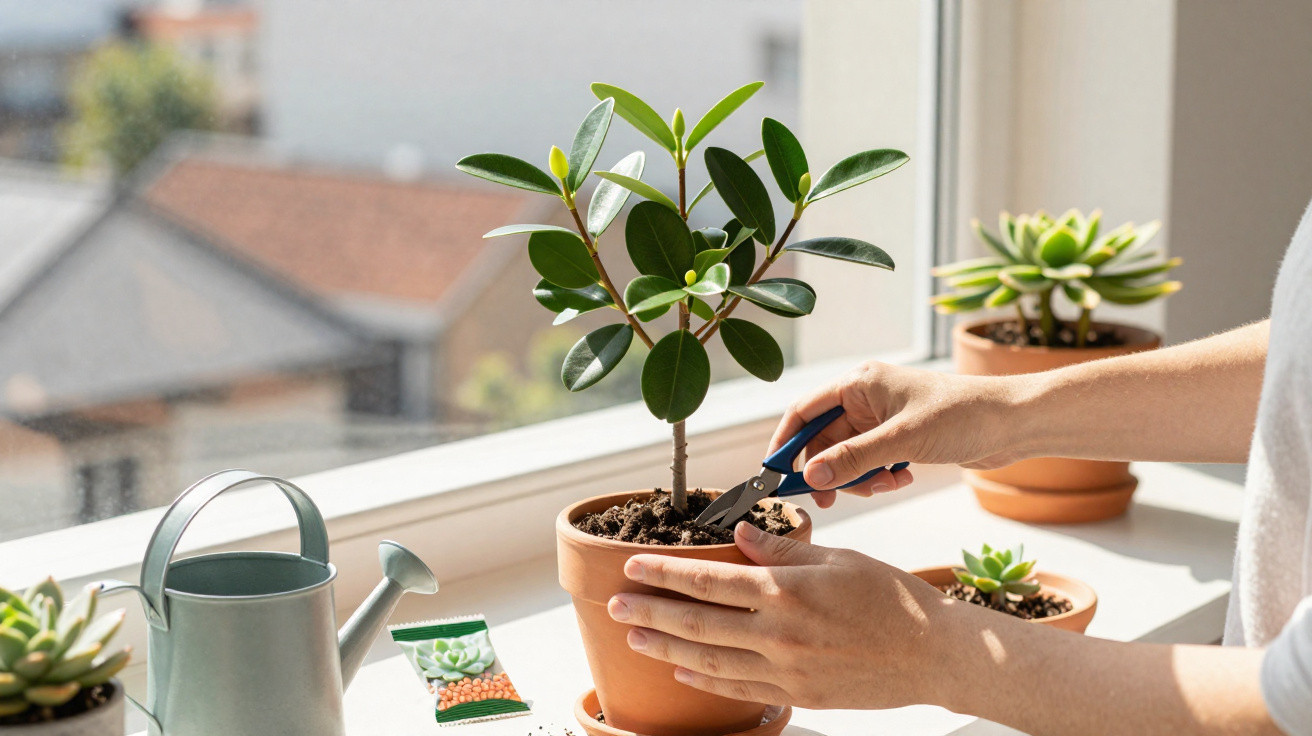 Mãos cuidando de planta em vaso de cerâmica próxima à janela com regador e suculentas ao fundo.