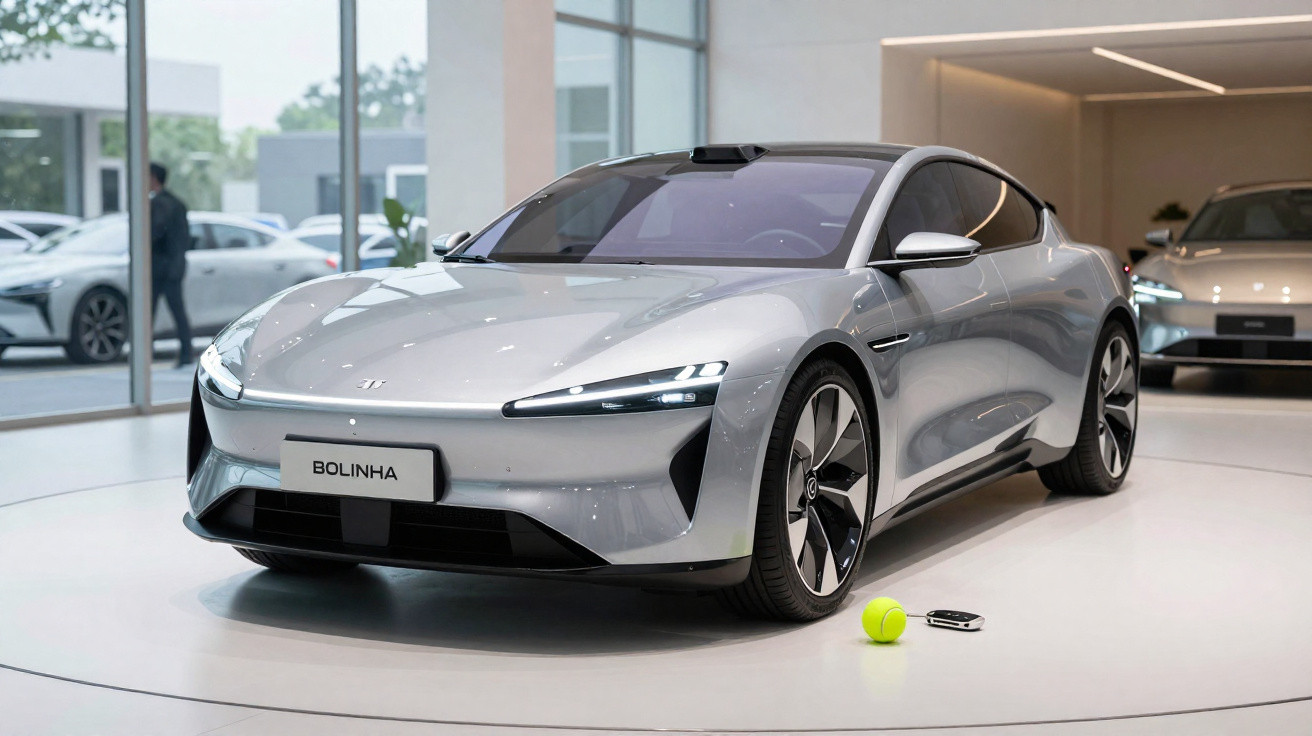 Carro elétrico prata moderno Bolinha exposto em ambiente interno com bola de tênis e controle remoto no chão.