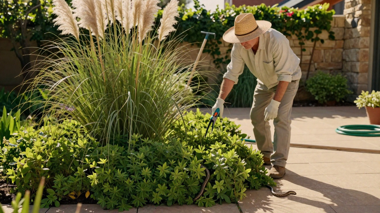 Homem usando chapéu colhendo plantas em jardim com cobra no chão próximo dos pés.