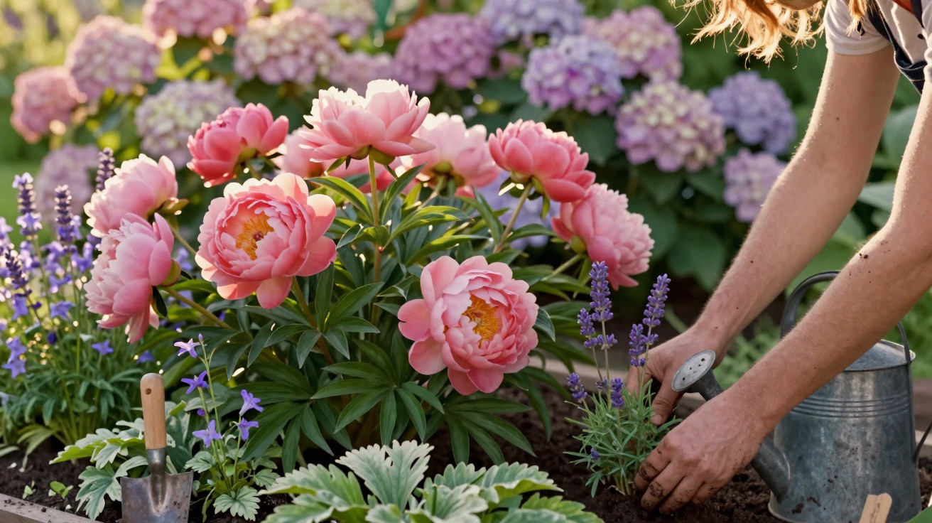 Pessoa plantando flores roxas em canteiro com peônias cor-de-rosa e hortênsias ao fundo.