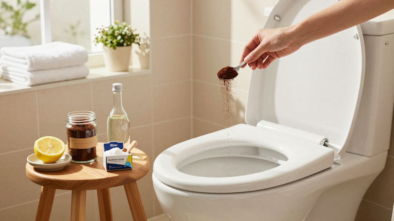 Pessoa jogando borra de café no vaso sanitário ao lado de mesa com limão, vinagre e bicarbonato na decoração do banheiro.
