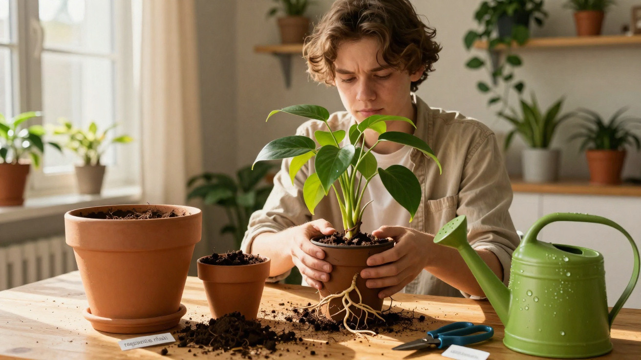 Jovem transplantando planta em vaso com terra, regador verde e tesoura à mesa iluminada por luz natural.