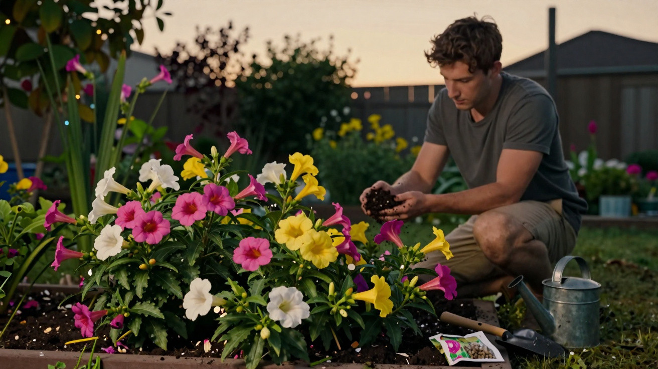 Homem cuidando de flores coloridas em canteiro de jardim ao entardecer.