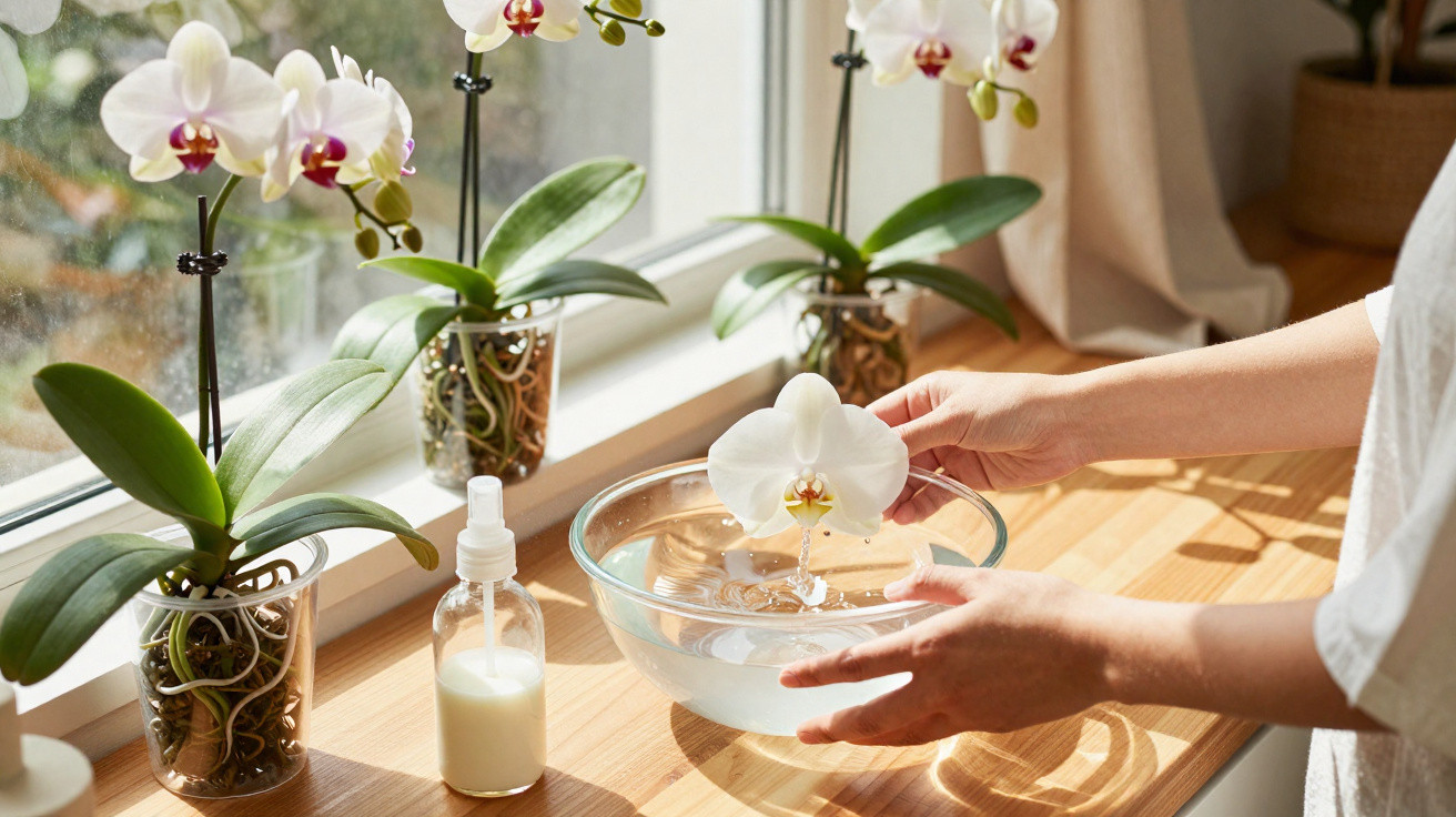 Pessoa borrifando orquídeas brancas próximas a uma janela, com vaso transparente e tigela com água.