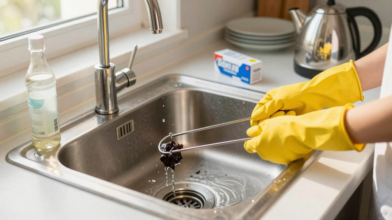 Pessoa usando luvas amarelas lavando utensílio com pinça na pia de inox da cozinha.