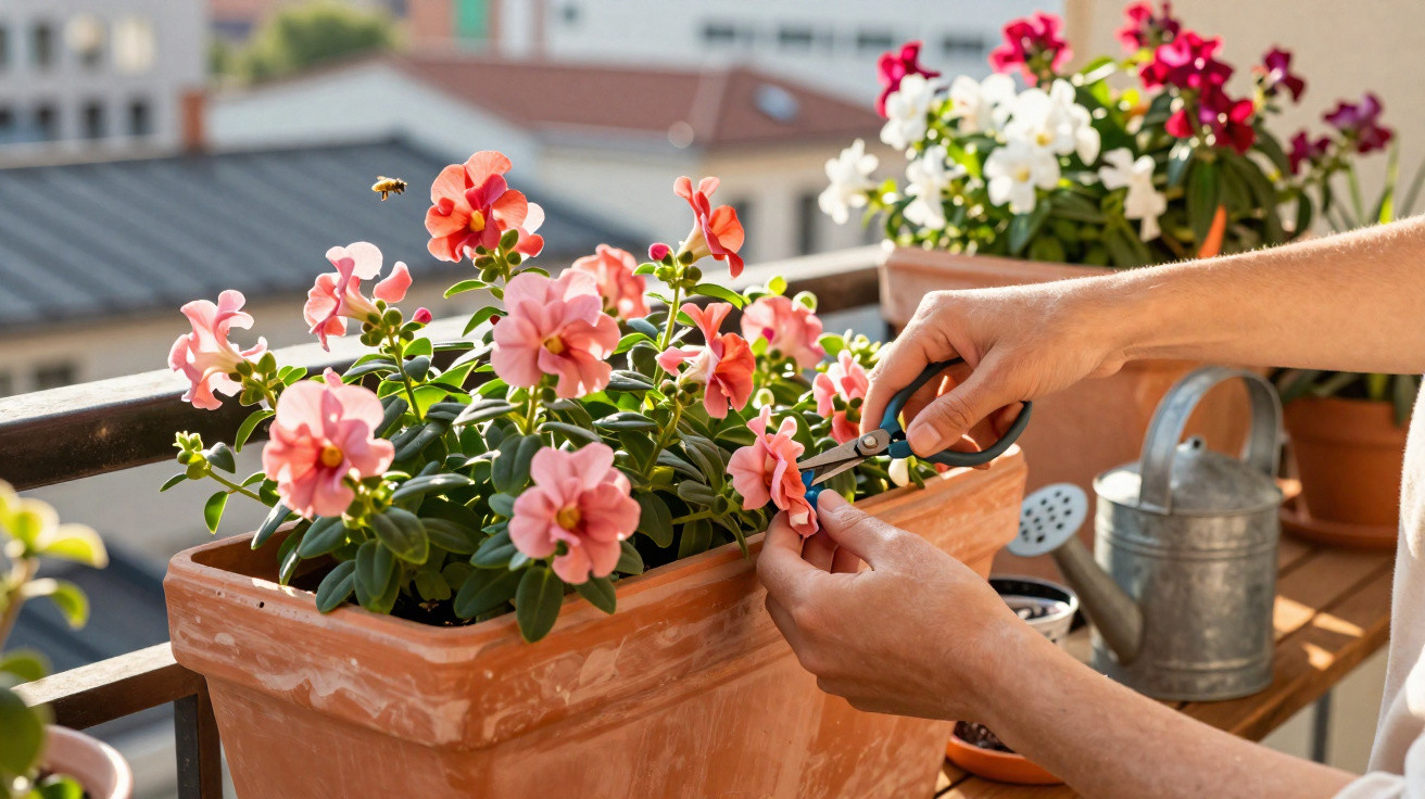 Mãos podando flores cor-de-rosa em vaso no parapeito, com regador e outras plantas ao fundo.