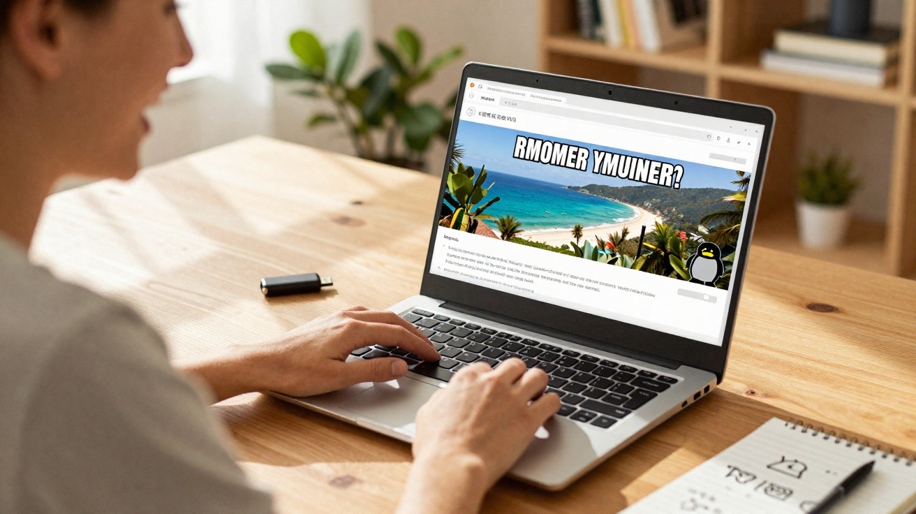 Pessoa usando laptop em mesa de madeira exibindo página com imagem de praia e texto confuso no navegador.