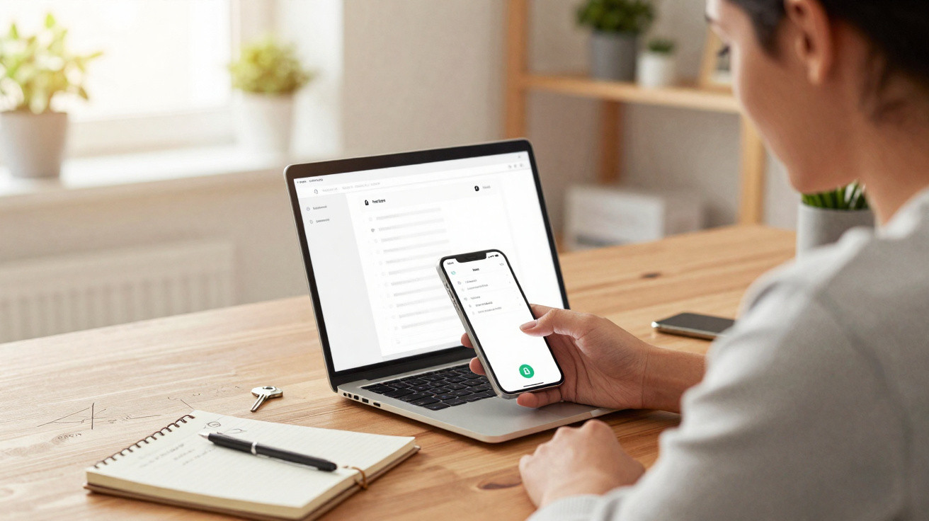 Pessoa segurando celular com aplicativo aberto, à frente de notebook em mesa de madeira clara.