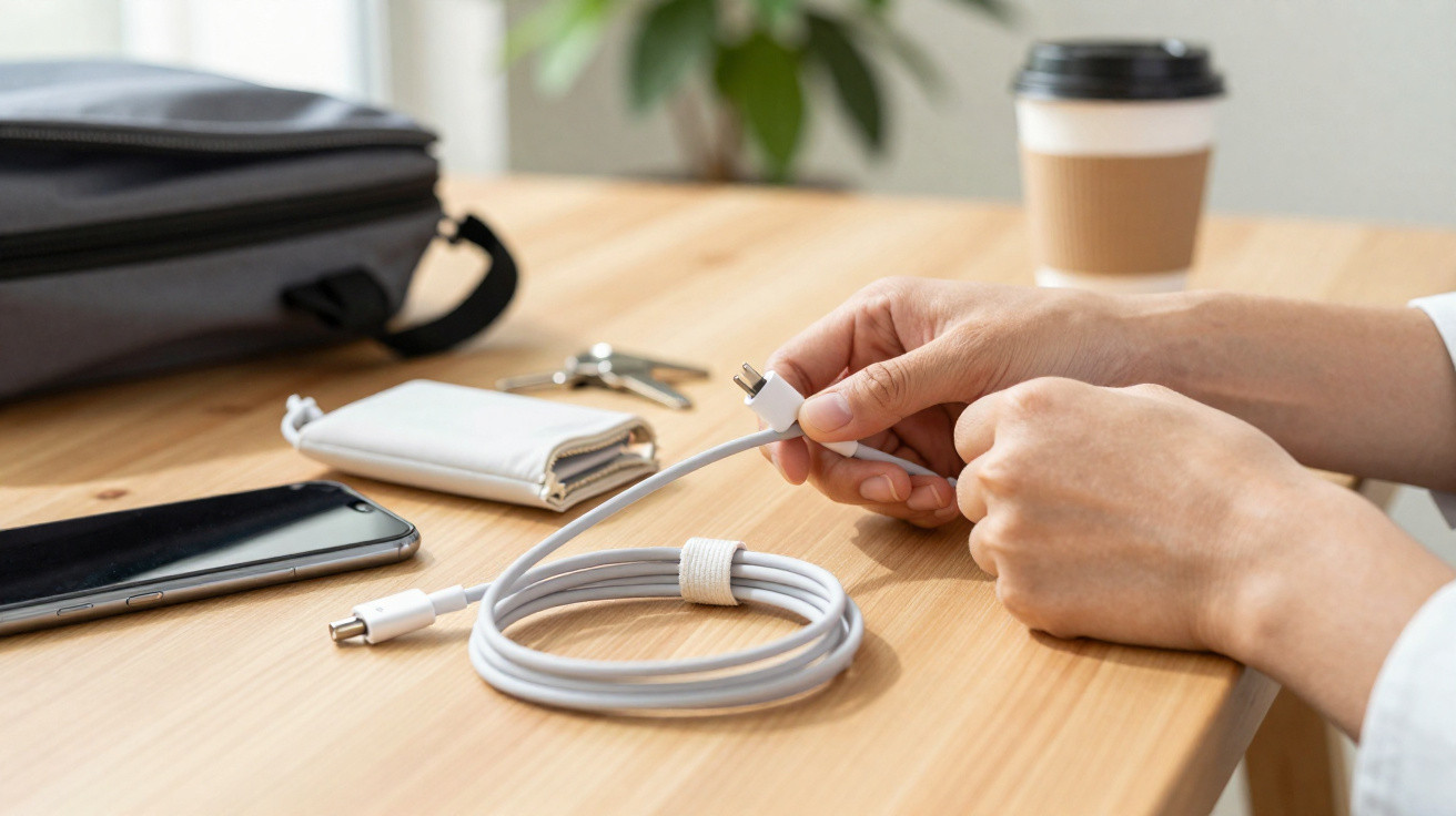 Mãos seguram cabo USB branco sobre mesa com celular, carteira, chaves, café e mochila desfocados.