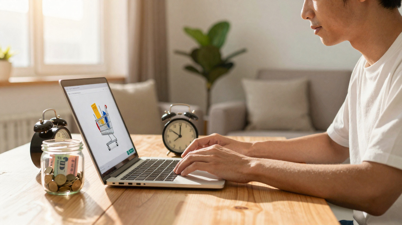 Pessoa usando laptop para fazer compras online com cofrinho e relógio sobre mesa de madeira.