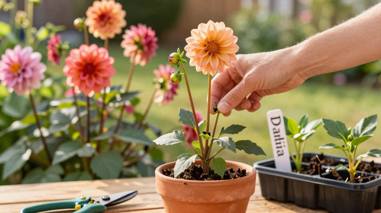 Pessoa cuidando de uma flor dália em vaso de cerâmica sobre mesa de madeira no jardim.