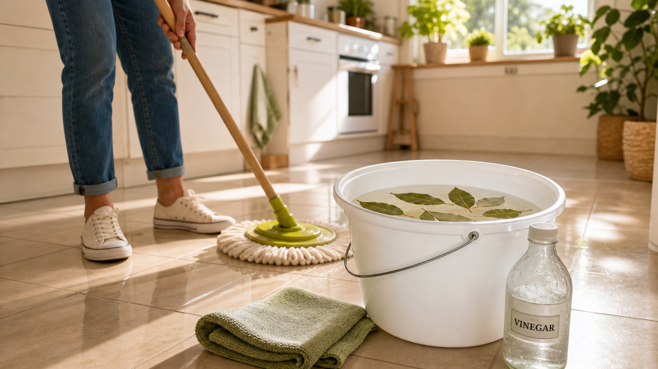 Pessoa passando pano em piso de cozinha com balde de água, folhas de louro e vinagre ao lado.