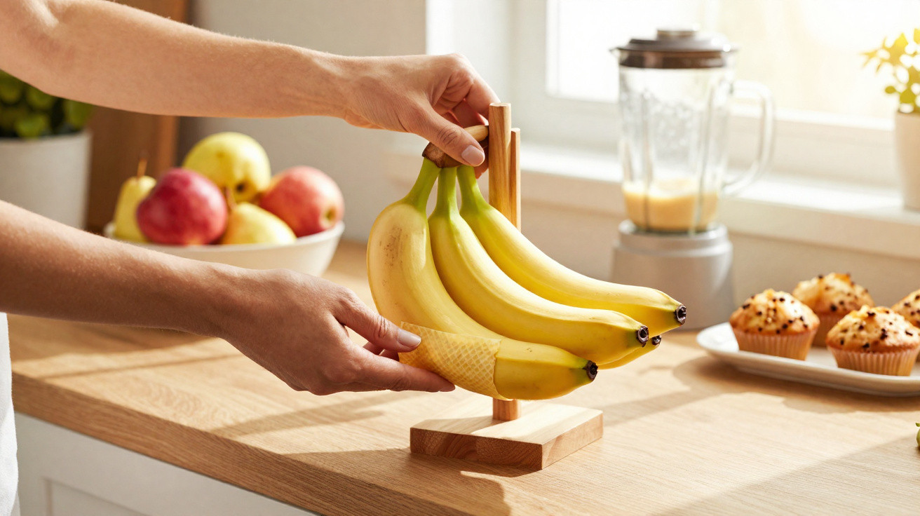 Pessoa segurando cacho de bananas pendurado em suporte de madeira na cozinha ensolarada.