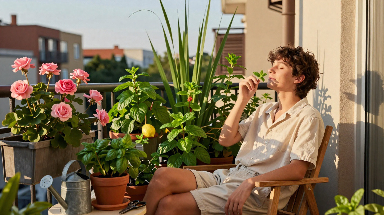 Jovem sentado em varanda com olhos fechados, cercado por plantas e flores, apreciando aroma de folha verde.