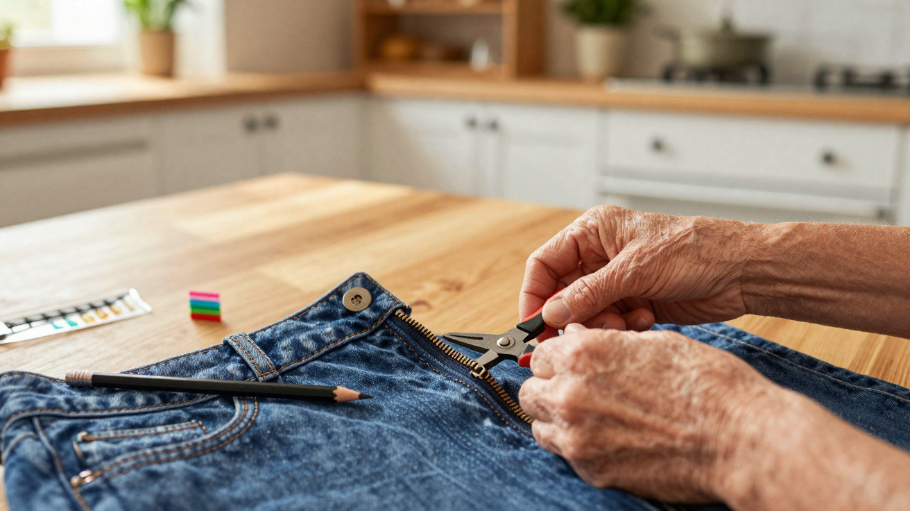 Mãos de idoso reparando o zíper de uma calça jeans em uma mesa de madeira clara em cozinha.