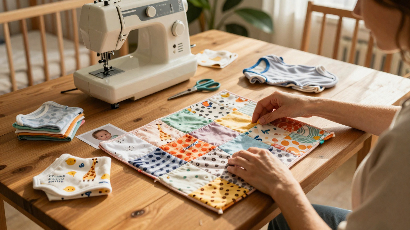 Pessoa costurando manta colorida de patchwork em mesa com máquina de costura e roupas de bebê.