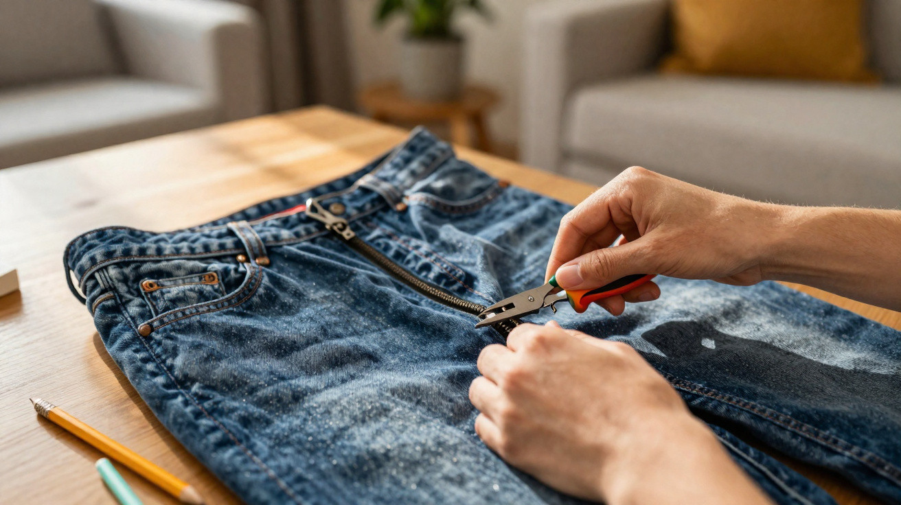 Mãos usando alicate para reparar o zíper de uma calça jeans azul sobre mesa de madeira.