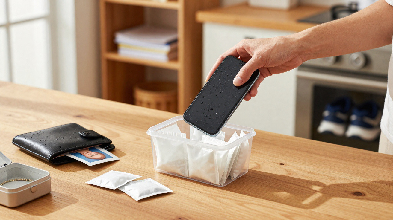 Pessoa colocando celular molhado dentro de recipiente com sachês absorventes sobre mesa de madeira.