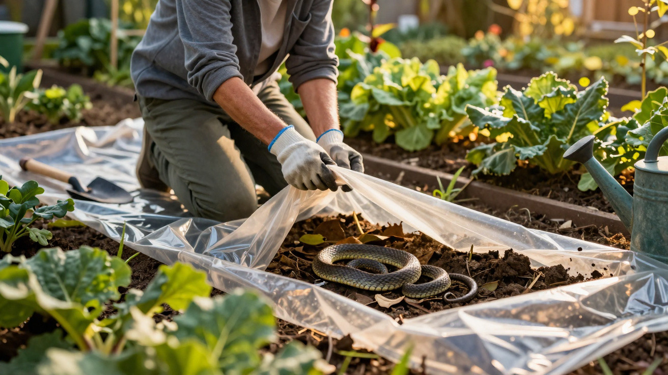 Pessoa usando luvas revela cobra enrolada no solo de um jardim com plantas cultivadas ao redor.