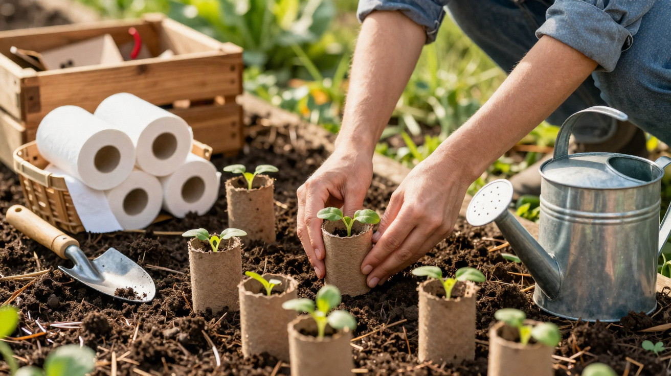 Pessoa transplantando mudas em pequenos vasos biodegradáveis no solo, com regador e instrumentos de jardinagem.
