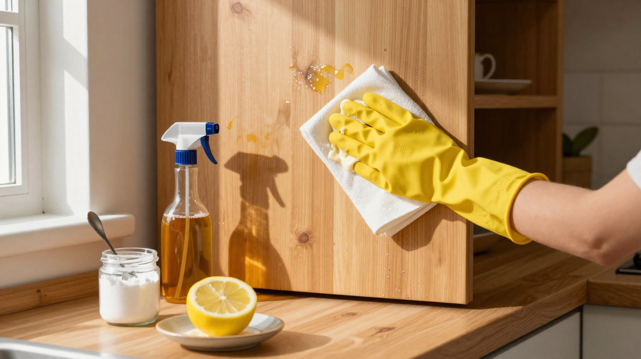 Mão com luva amarela limpando superfície de madeira com pano branco, ao lado de limão, bicarbonato e spray.