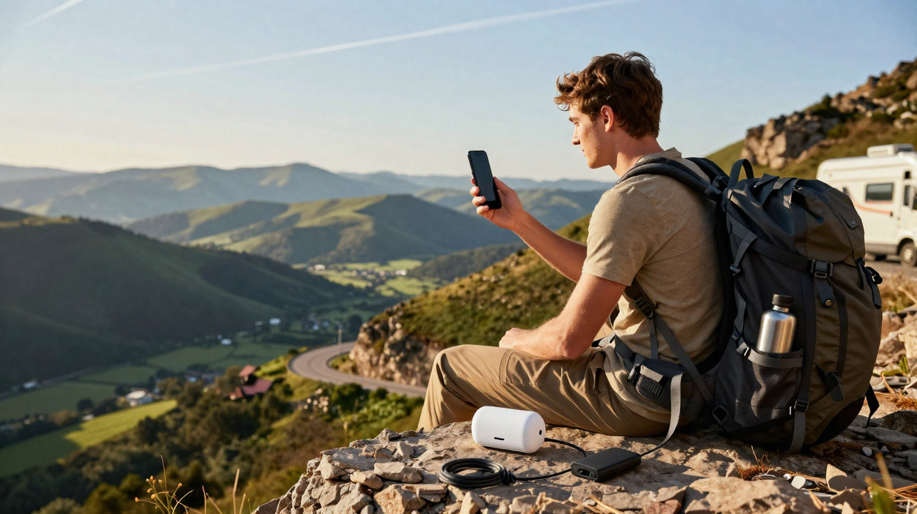 Jovem com mochila sentado em pedra, usando celular, com montanhas ao fundo em dia ensolarado.